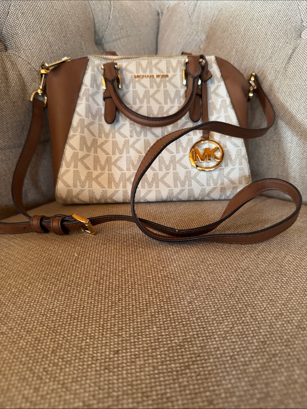Michael Kors Brown & Beige Signature Dome Satchel with Gold Hardware